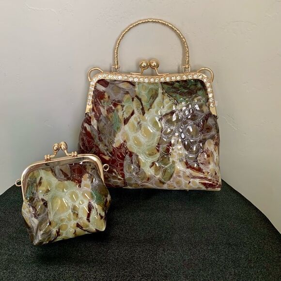 Handmade Genuine Leather Embossed Cobblestone, Kisslock Bag & Small Purse Set - Picture 1 of 16